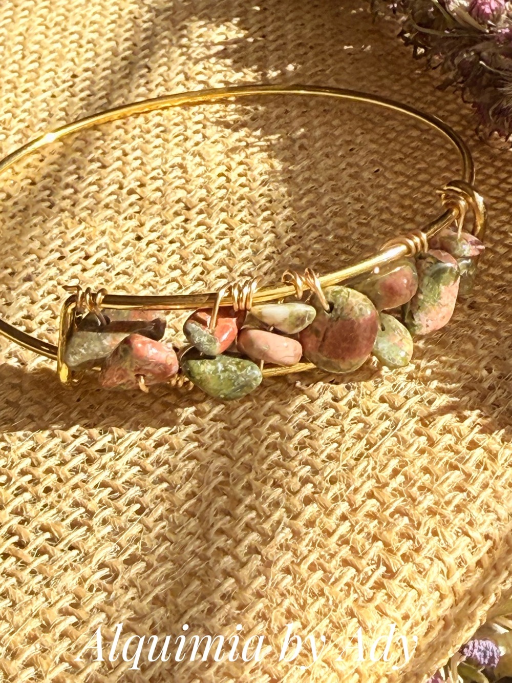 Gold Wire Bracelet with Pink and Green Stone Charms by Alquimia